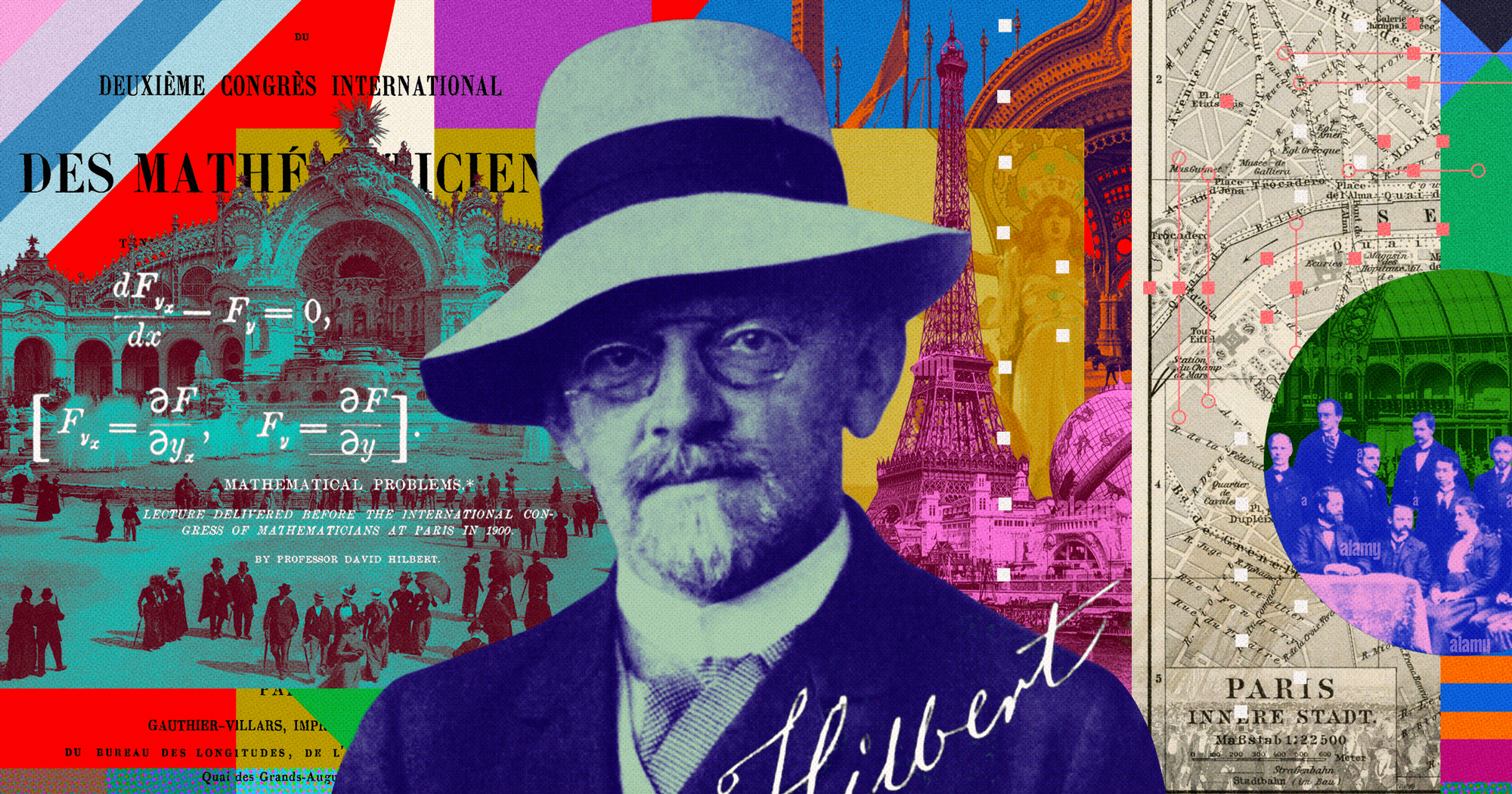 Collage of David Hilbert and imagery of 1900s Paris.