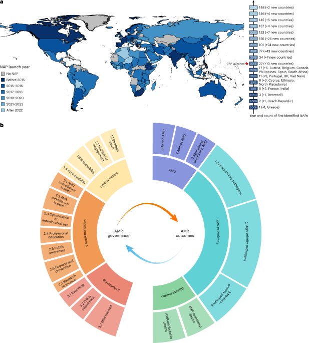 Figure showing global progress in implementing national antimicrobial-resistance action plans and the study's governance-outcome evaluation framework.